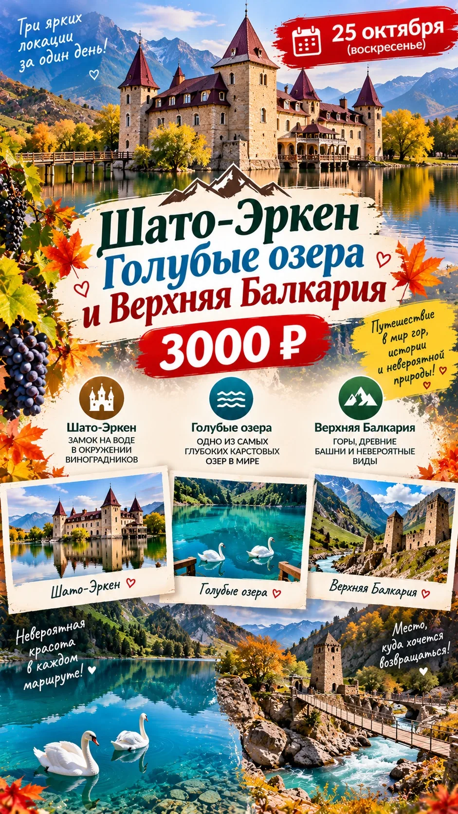 🏰🍁 **ТРИ ЖЕМЧУЖИНЫ КАВКАЗА ЗА ОДИН ДЕНЬ!**