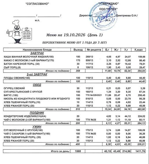 Наше меню на 19 октября 2026 года