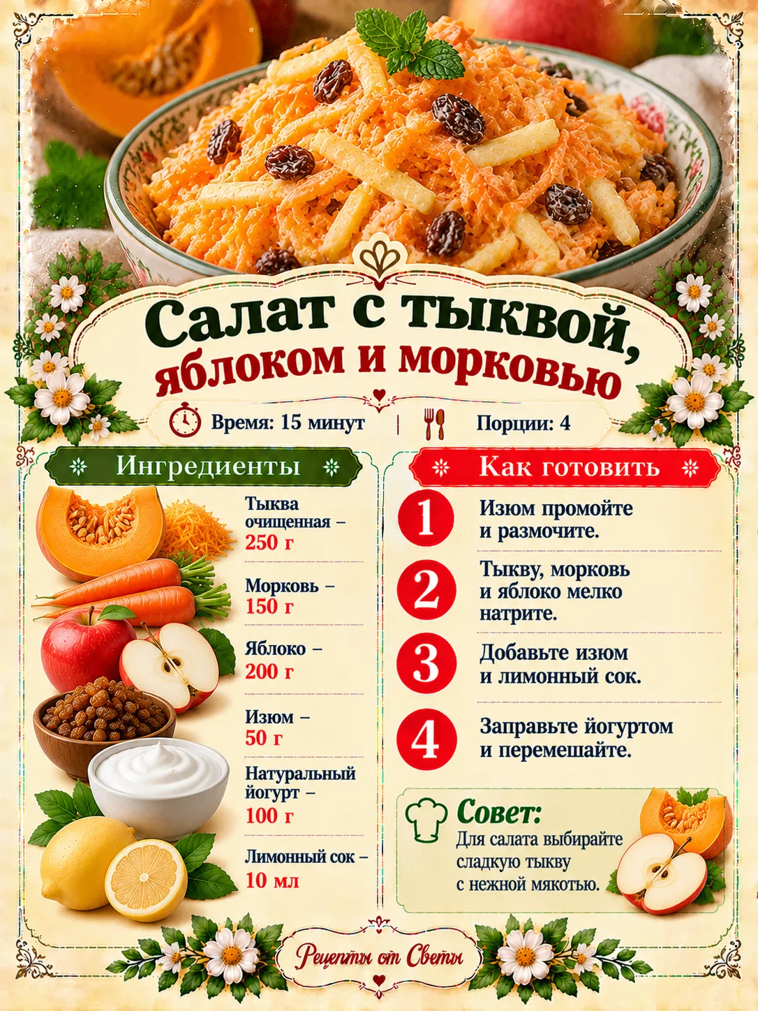 🎃 Салат с тыквой, яблоком и морковью, настоящий осенний праздник красок прямо в тарелке!