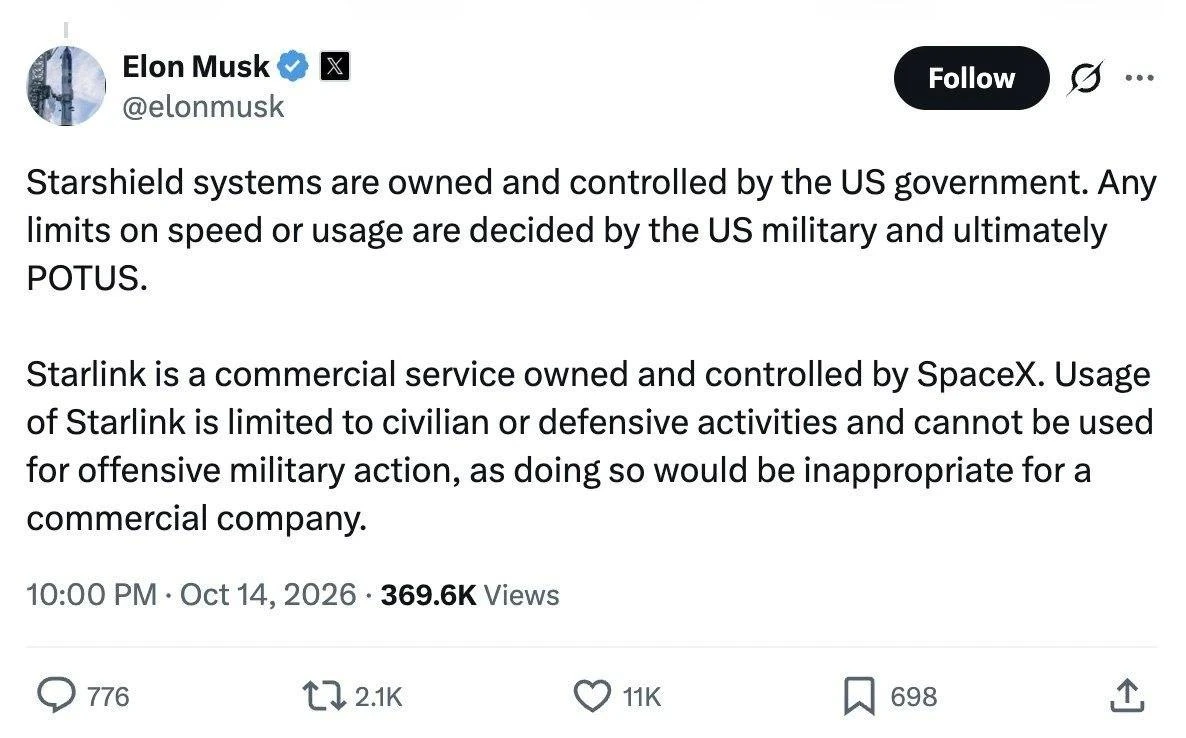 Илон Маск написал, что не имеет отношения к проблемам ВСУ с работой Starshield (военная...