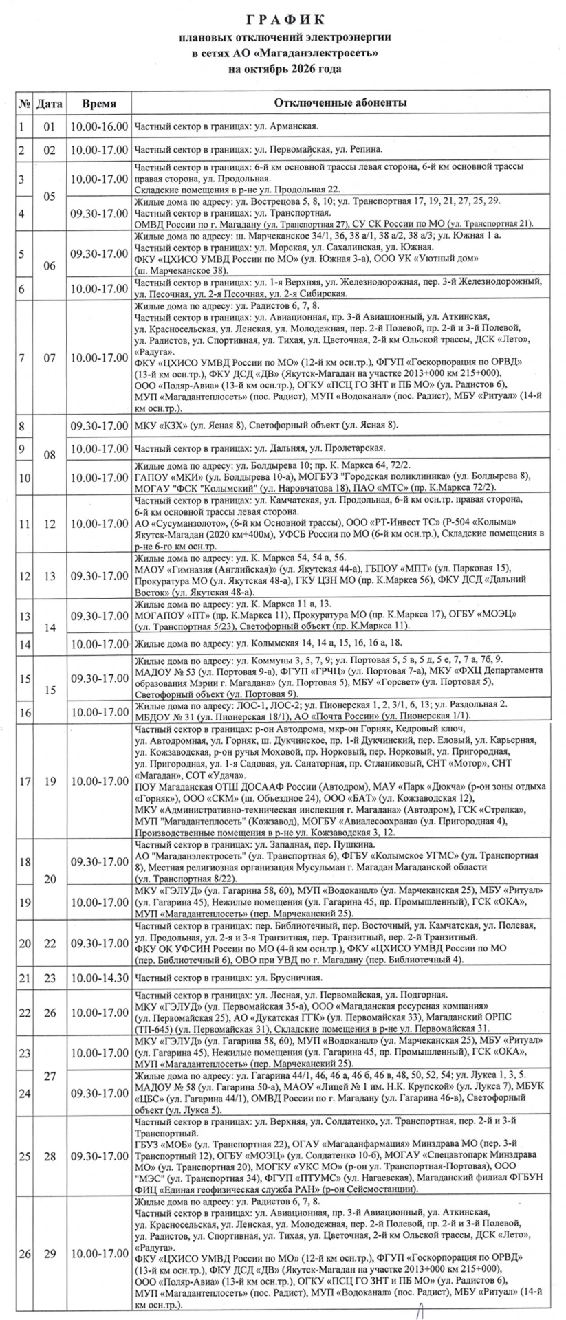⚡️ График плановых отключений электроэнергии в сетях АО «Магаданэлектросеть» на октябрь...