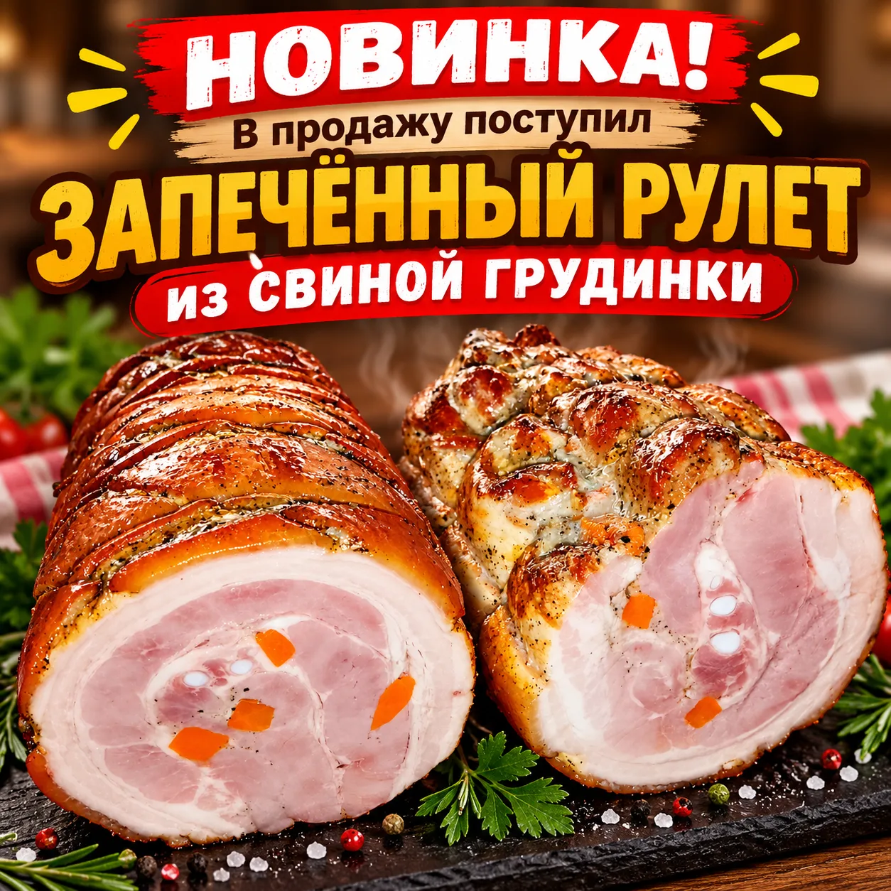 Новинка! В продажу поступил ЗАПЕЧЁННЫЙ РУЛЕТ из СВИНОЙ ГРУДИНКИ