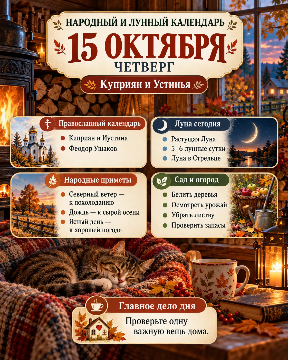 🌙 НАРОДНЫЙ И ЛУННЫЙ КАЛЕНДАРЬ — 15 ОКТЯБРЯ 2026