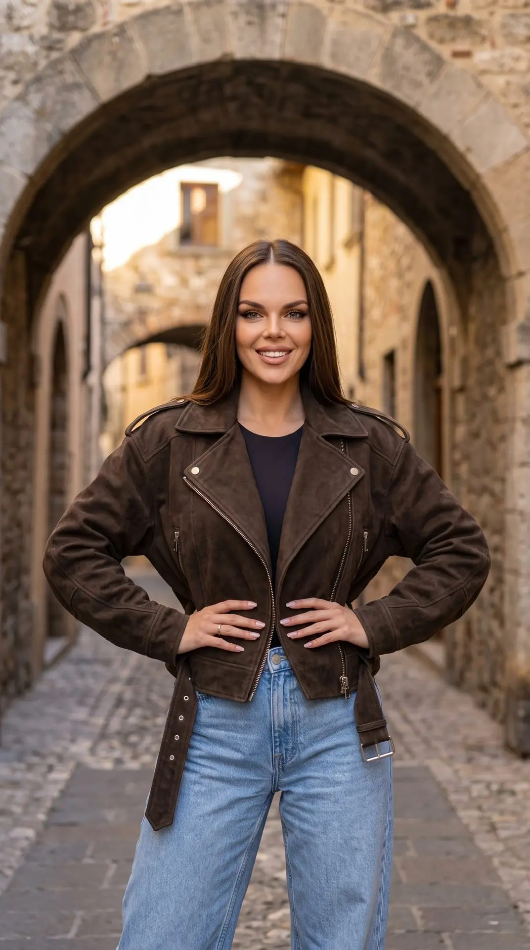 Фотореалистичный уличный fashion-портрет стройной девушки в европейском старом городе. ...