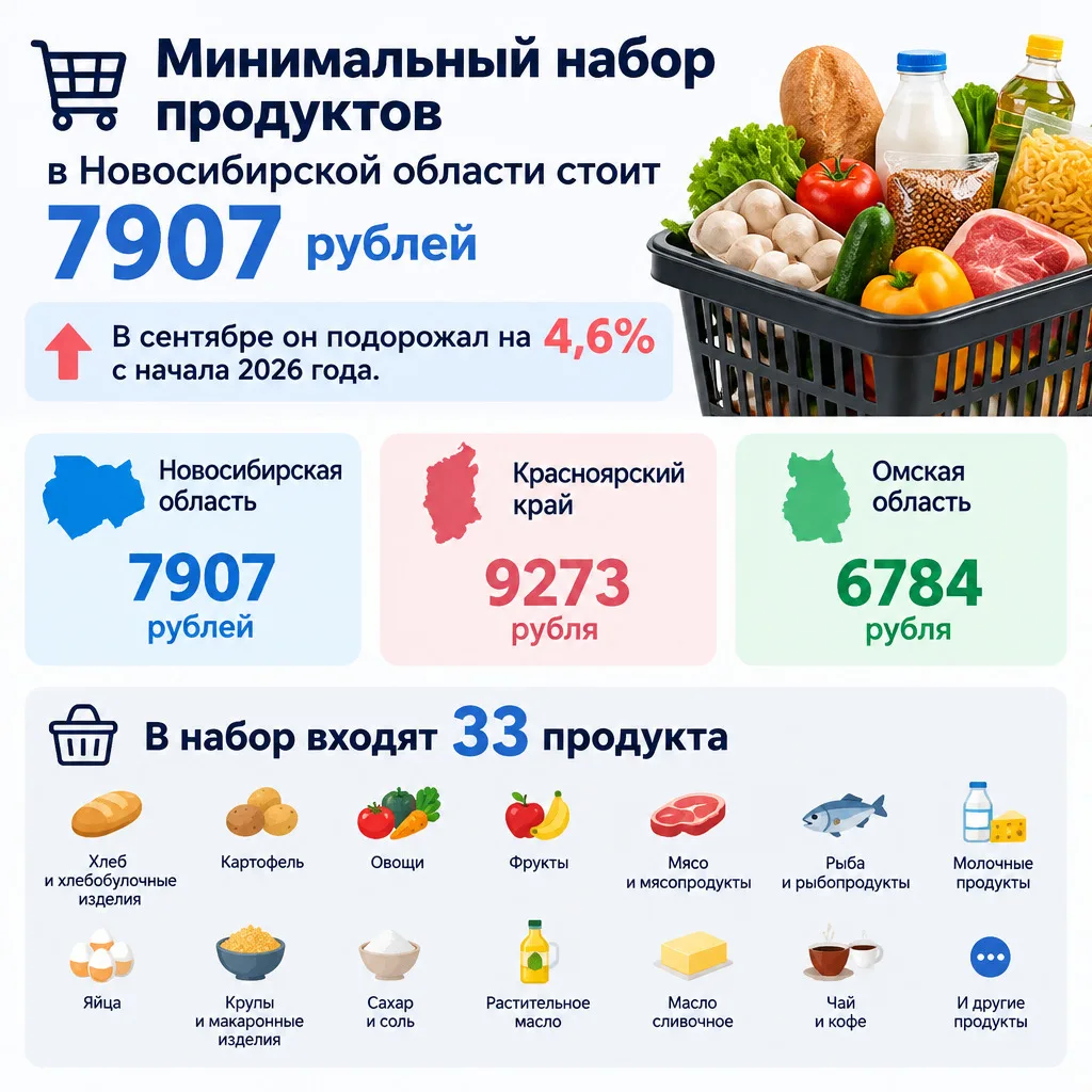 🛒 Минимальный набор продуктов в Новосибирской области стоит 7907 рублей