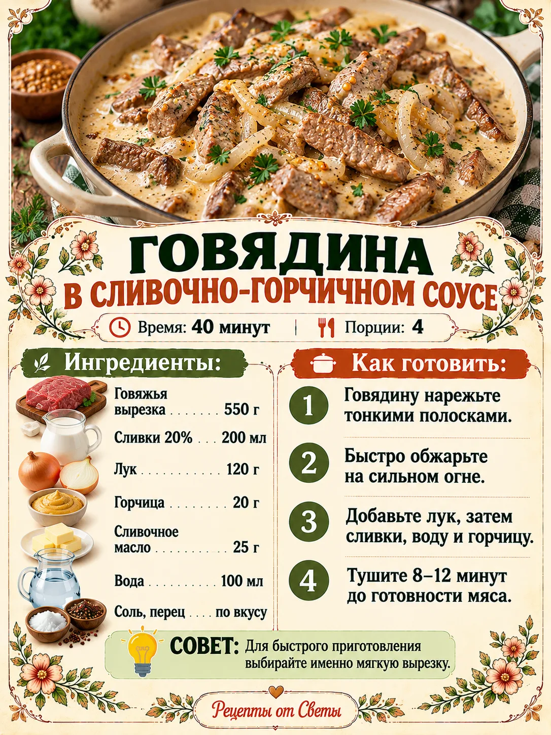 🥩 Говядина в сливочно-горчичном соусе, нежные кусочки в аппетитной подливке, которую т...