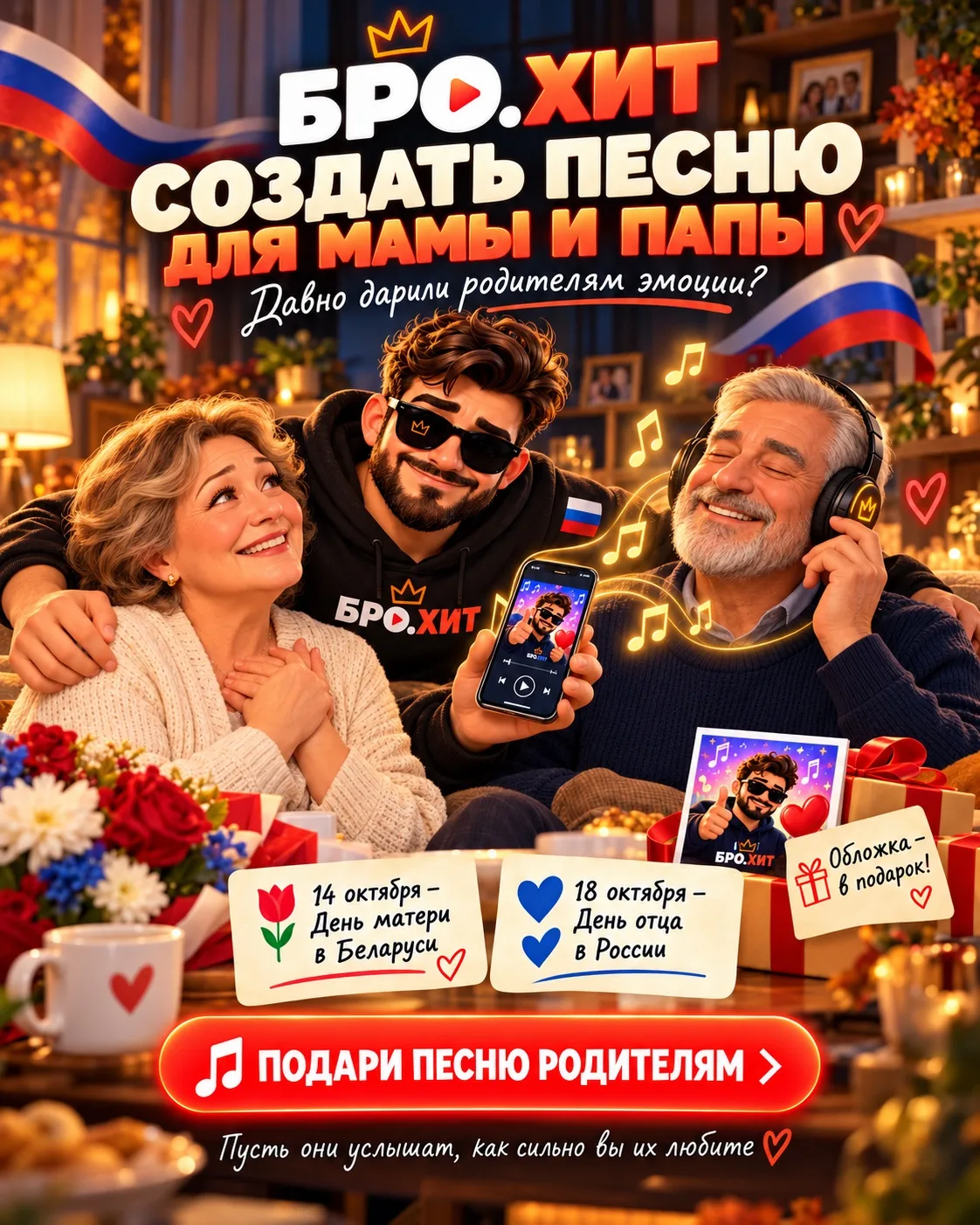 🎵 Создать песню для родителей с БРО.ХИТ — сказать «люблю» по-особенному ❤️
