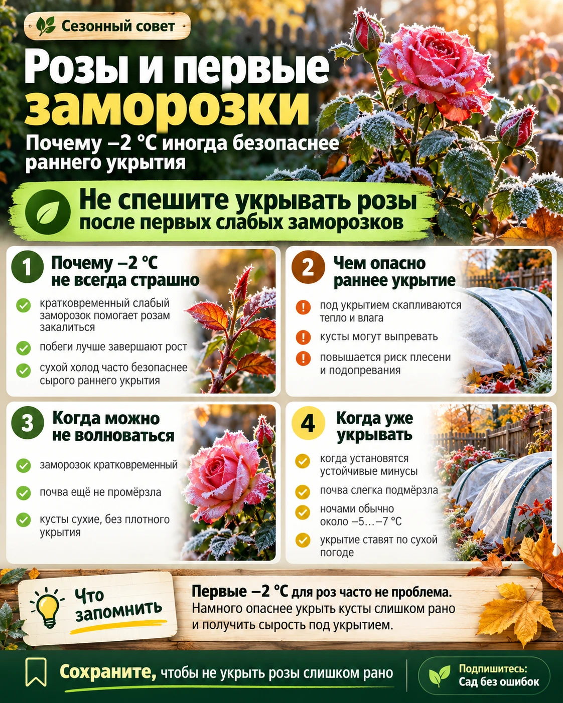 🌹 Розы и первые заморозки: почему −2 °C иногда безопаснее раннего укрытия