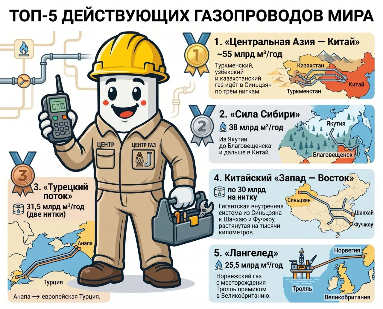 🌍 Кто теперь качает газ больше всех: топ-5 действующих газопроводов мира