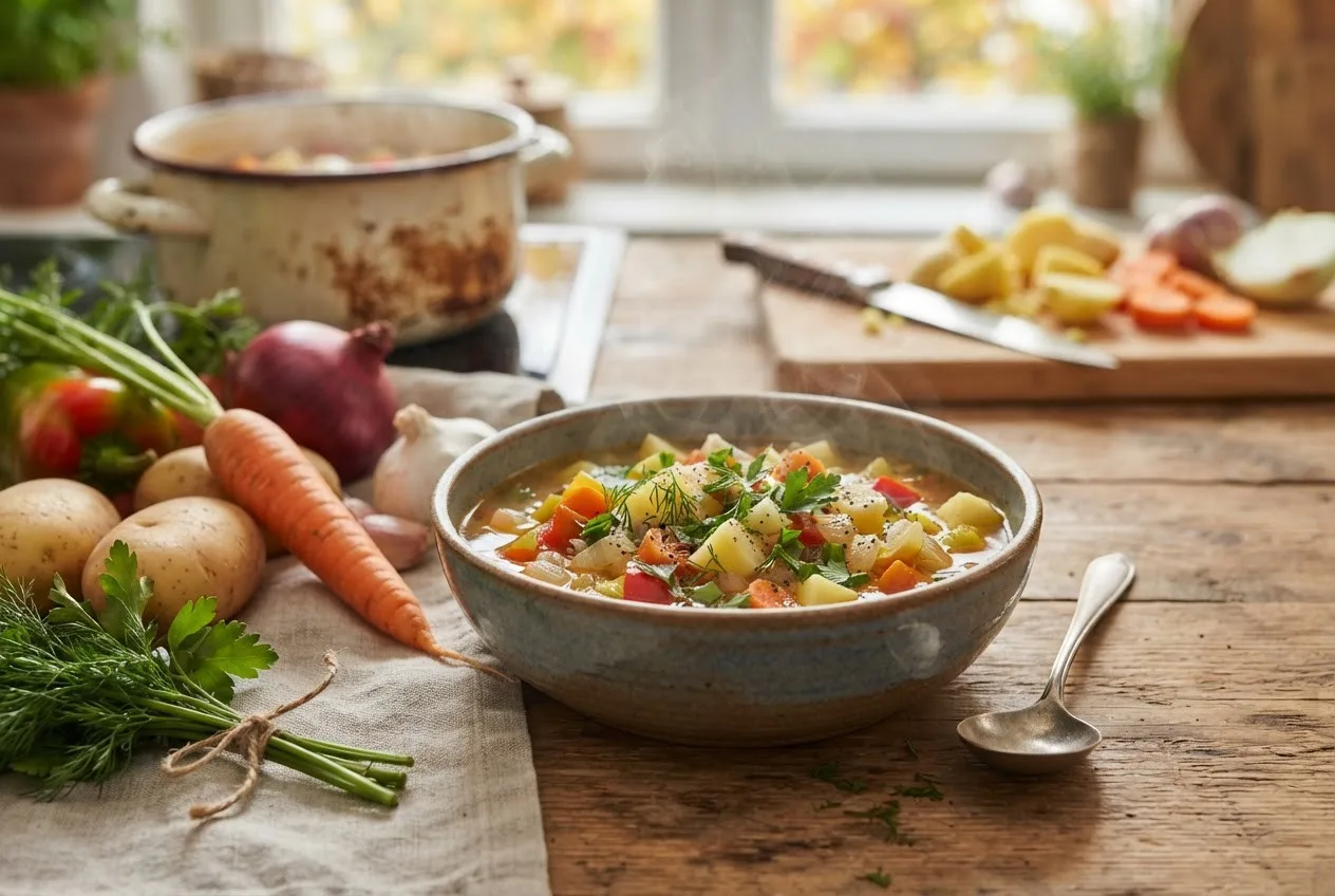 Рецепт картофельного супа с овощами и зеленью