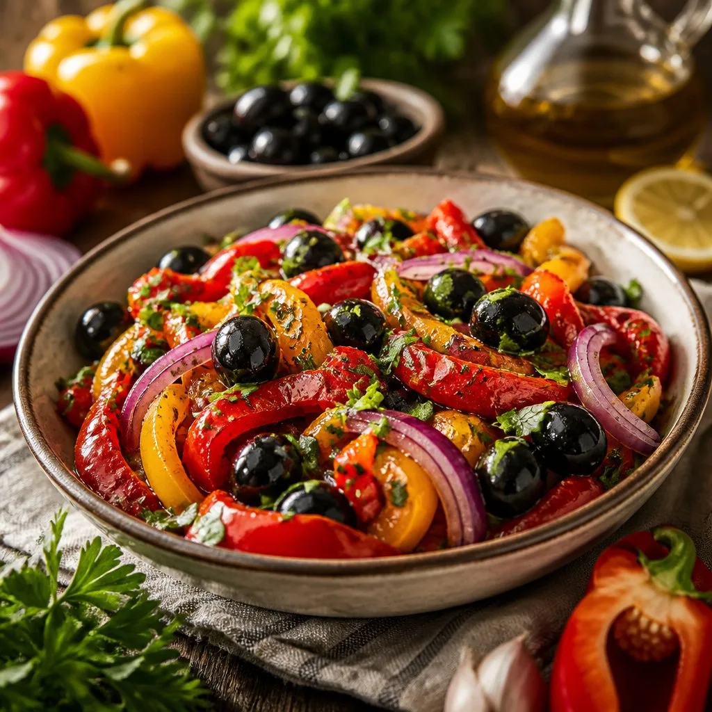 Салат с запеченными перцами и маслинами