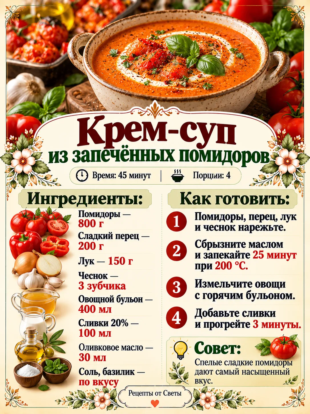 🍅 Бархатистый крем-суп из запечённых помидоров, с которым обычный обед приобретает нем...