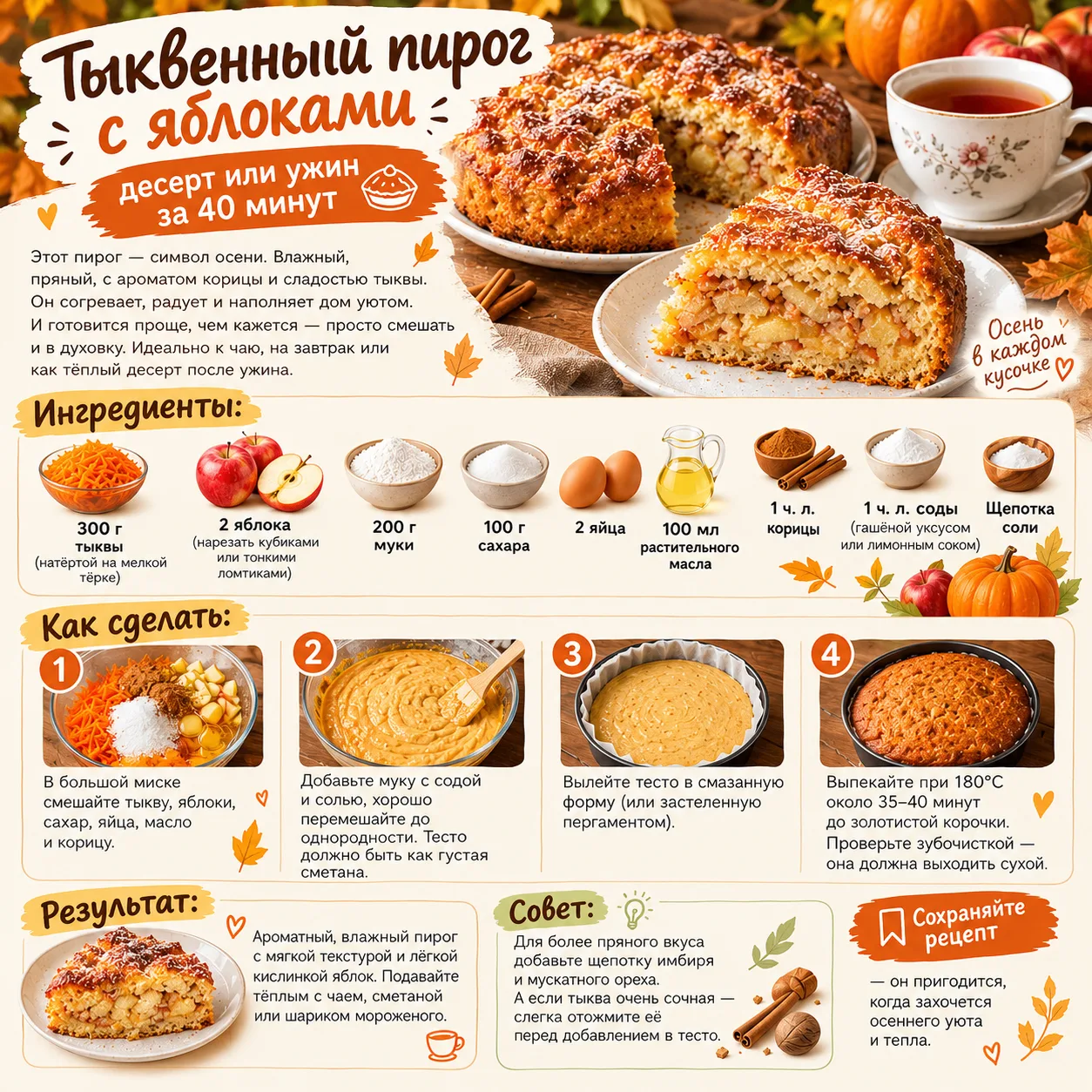 Тыквенный пирог с яблоками — десерт или ужин за 40 минут 🥧Этот пирог — символ осени. В...