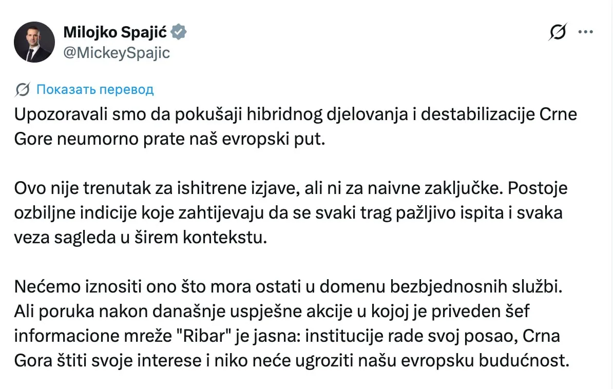 Премьер-министр Черногории Милойко Спаич, комментируя задержание основателя проекта «Ры...