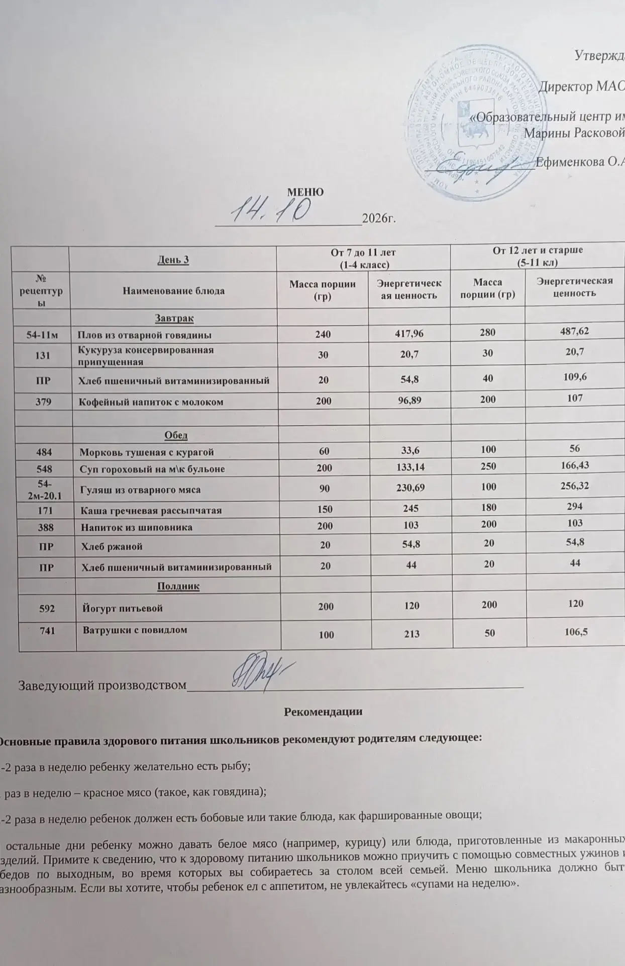 Вид питания: завтрак