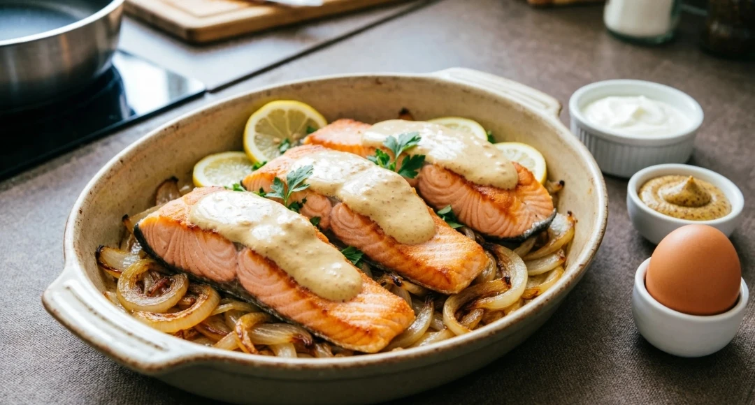 🐟 ЗАПЕЧЕННАЯ ГОРБУША ПОД ЛУКОВО-ГОРЧИЧНЫМ СОУСОМ — 112₽/порция