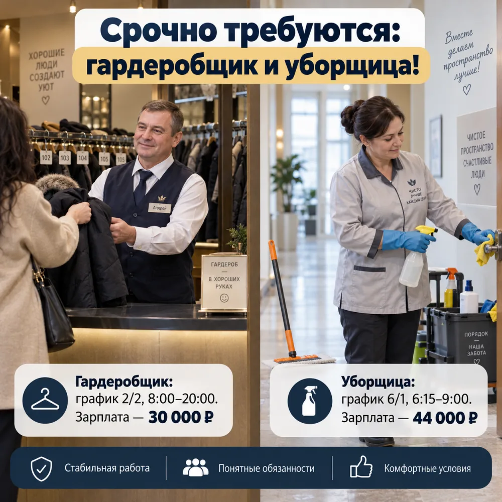 Срочно требуется гардеробщик и уборщица!!!