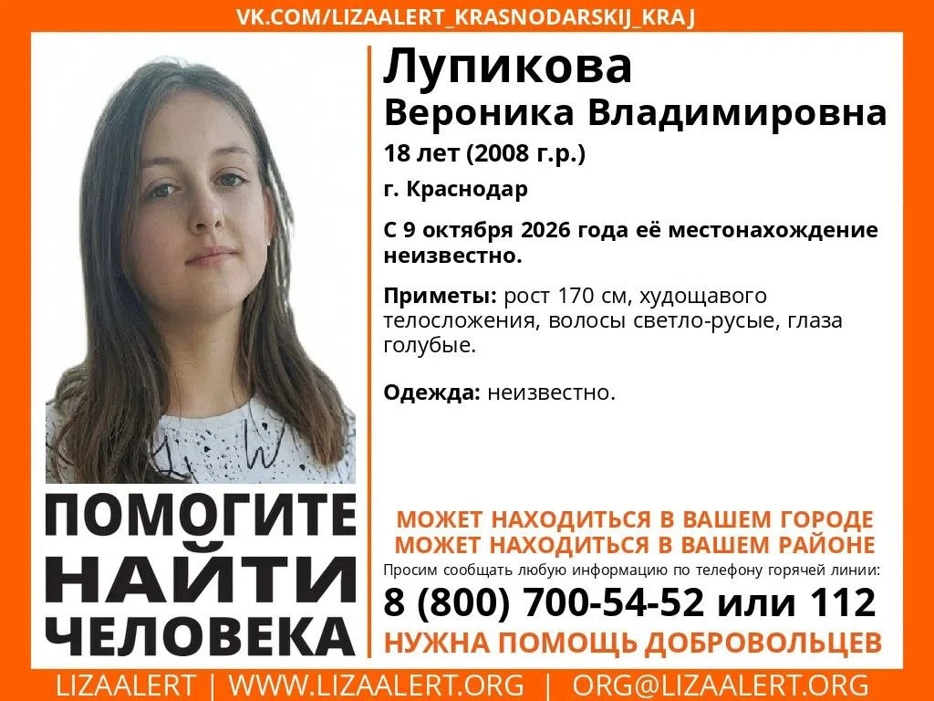 Пропала Лупикова Вероника Владимировна, 18 лет (2008 г.р.)