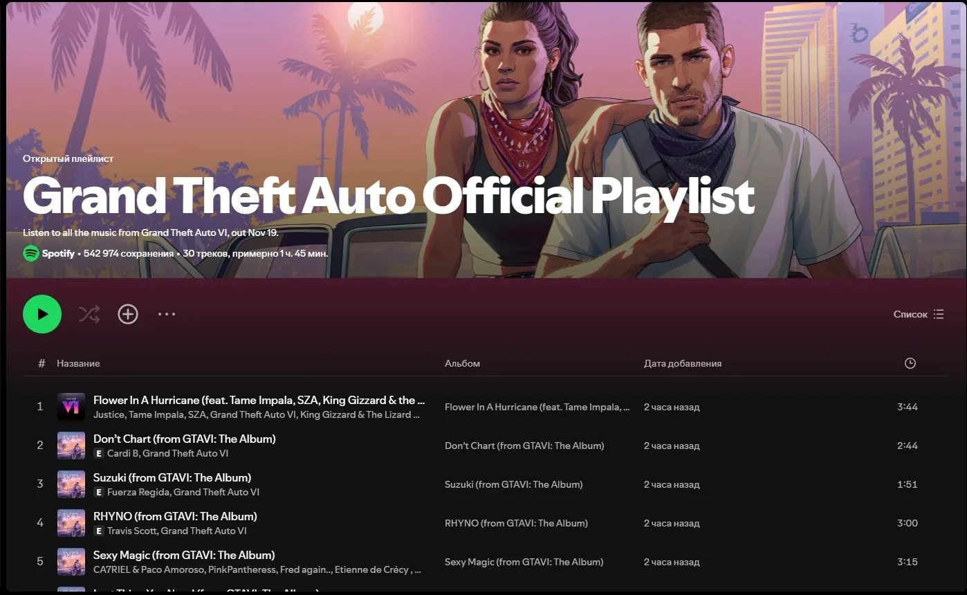 Официальный плейлист GTA VI появился в Spotify