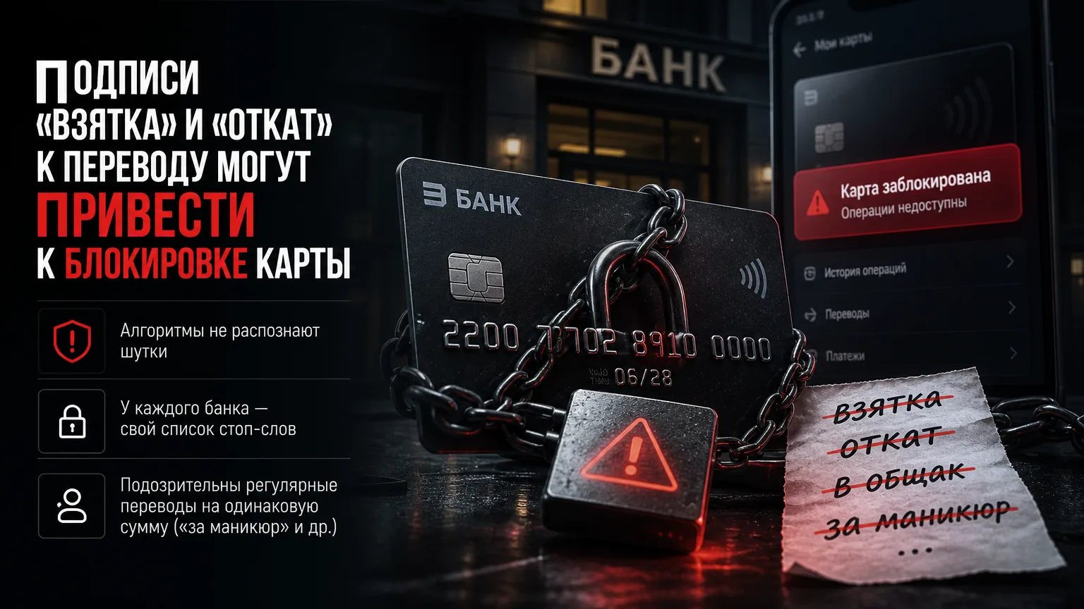💳 Подписи «взятка» и «откат» к переводу могут привести к блокировке карты
