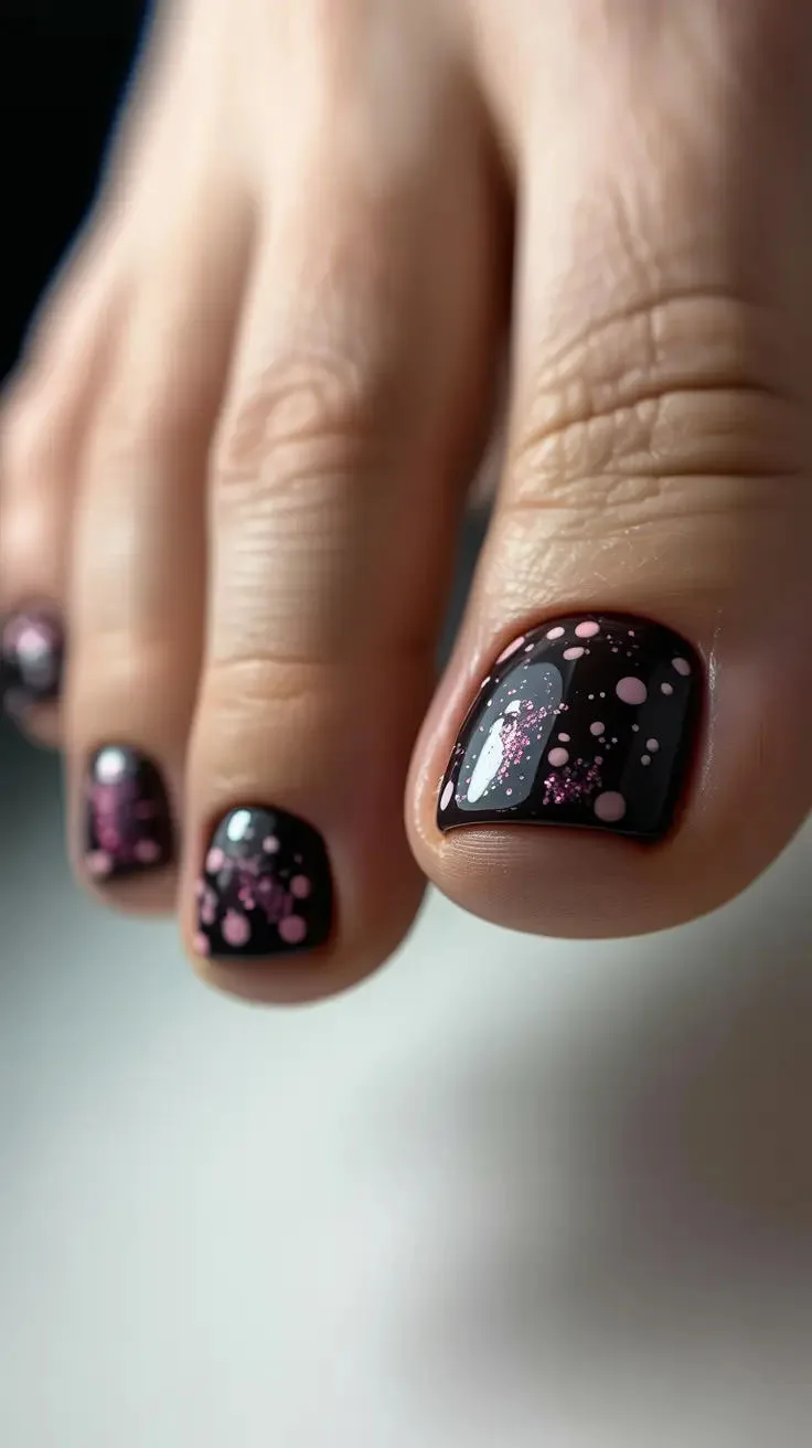 Эффектный контраст: темный глянцевый педикюр с розовым конфетти 🖤✨