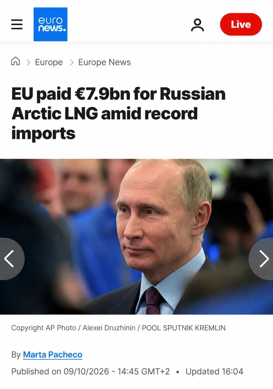 Евросоюз заплатил почти €8 млрд (около 740 млрд рублей) за российский арктический СПГ —...