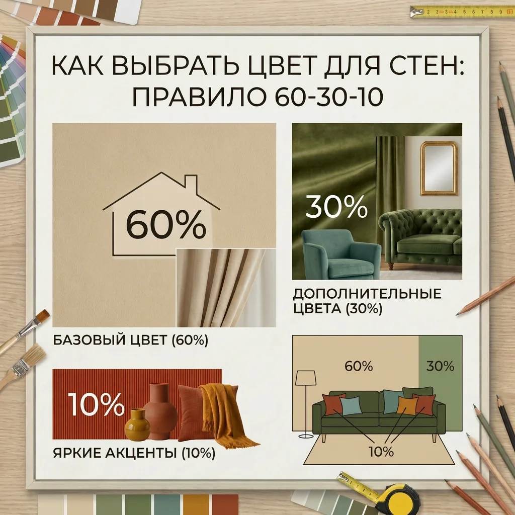 🎨   Как правильно выбрать цвет для стен: правило 60-30-10