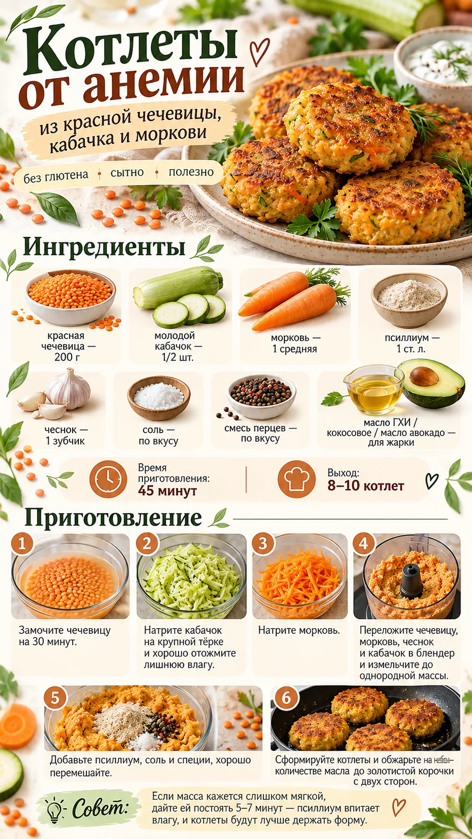 🥕 ПП-котлеты из красной чечевицы с кабачком и морковью