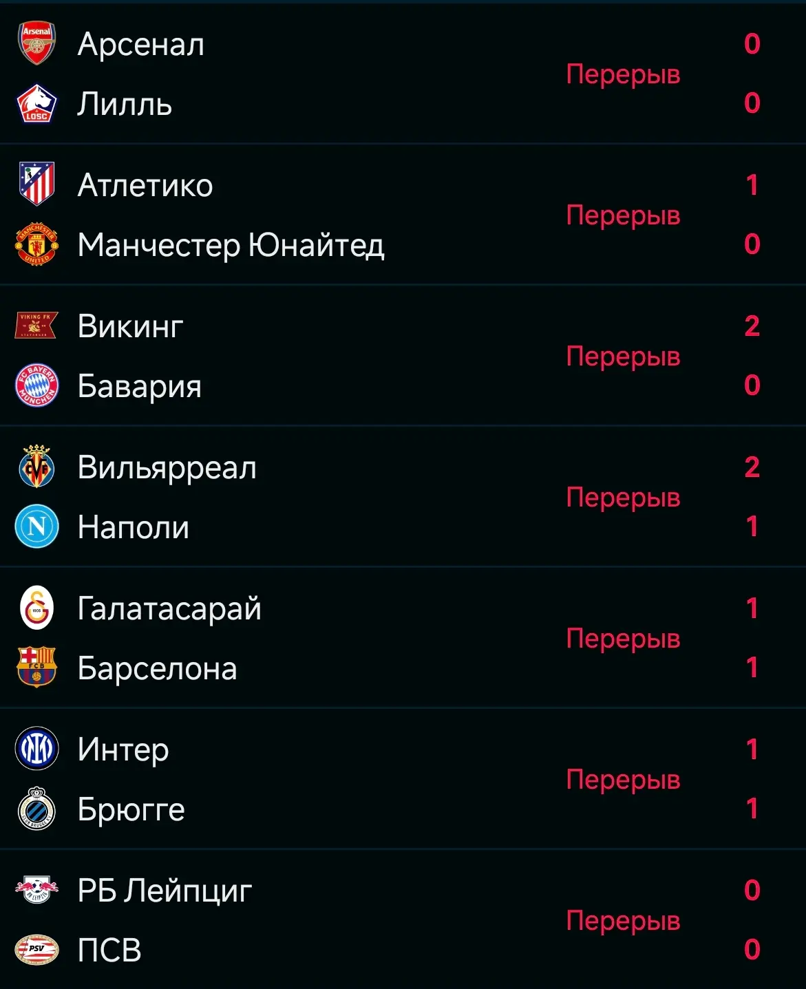 🏆 После первых таймов в сегодняшней Лиге чемпионов расклад такой