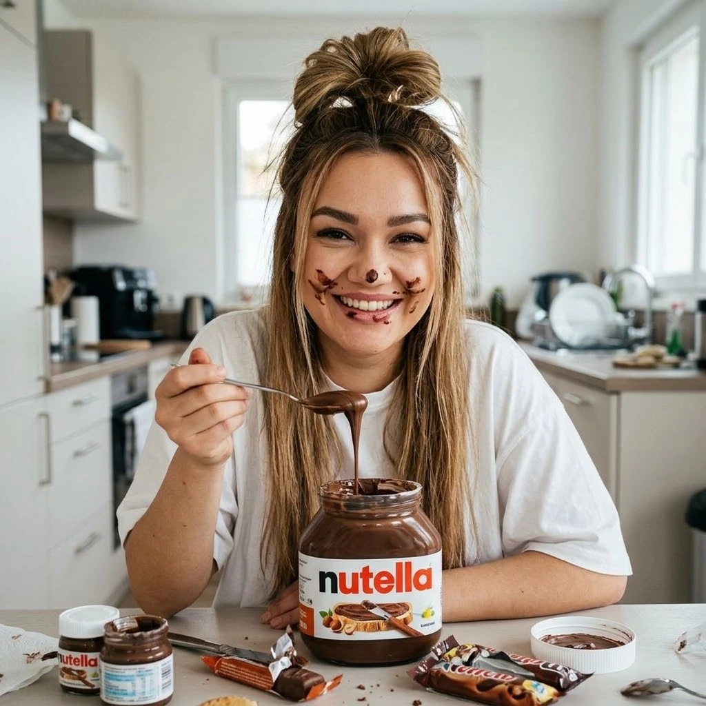 Фотореалистичное изображение девушки на кухне с огромной банкой Nutella. Сохранить внеш...