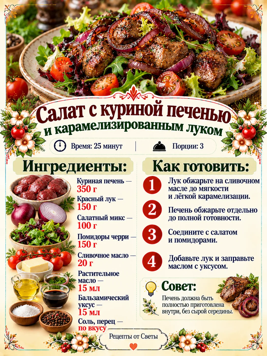 🥗 Салат с куриной печенью и карамелизированным луком, где нежность и лёгкая сладость с...