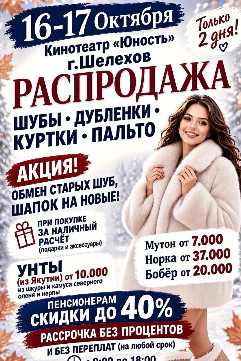 🧥 Распродажа верхней одежды и унтов из Якутии — 16-17 ОКТЯБРЯ в Шелехове!
