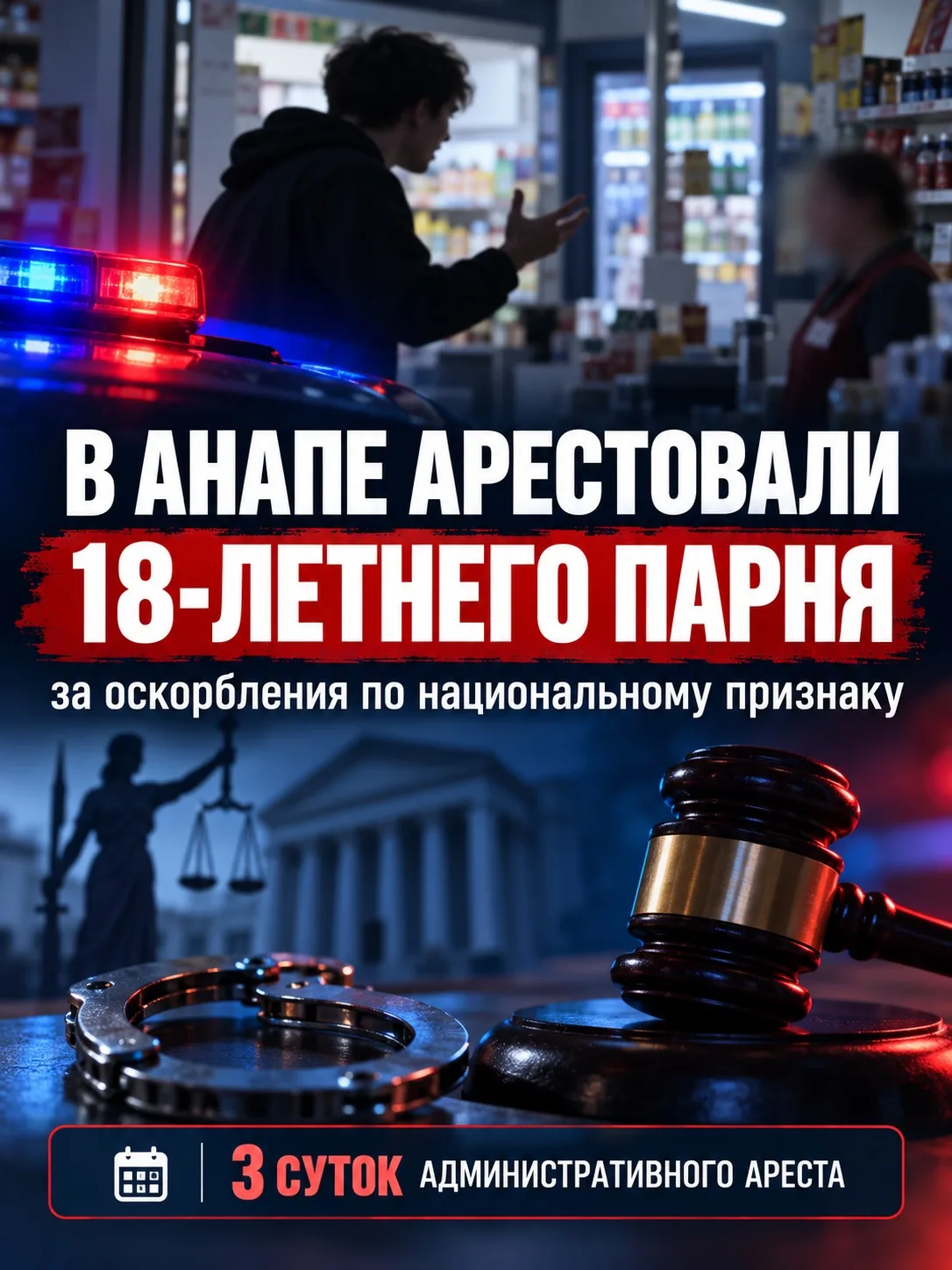 В Анапе 18-летнего парня арестовали на трое суток за оскорбления по национальному признаку