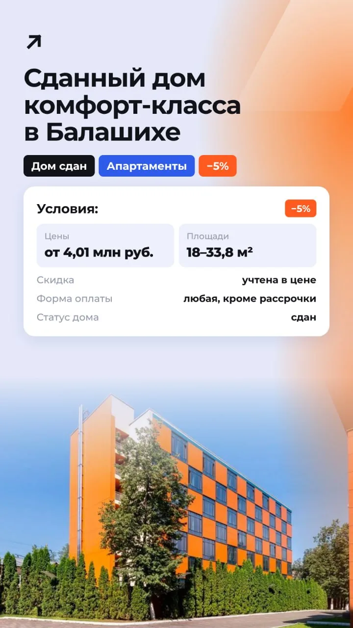 Готовые апартаменты от 4 млн руб. в Балашихе со скидкой 5%