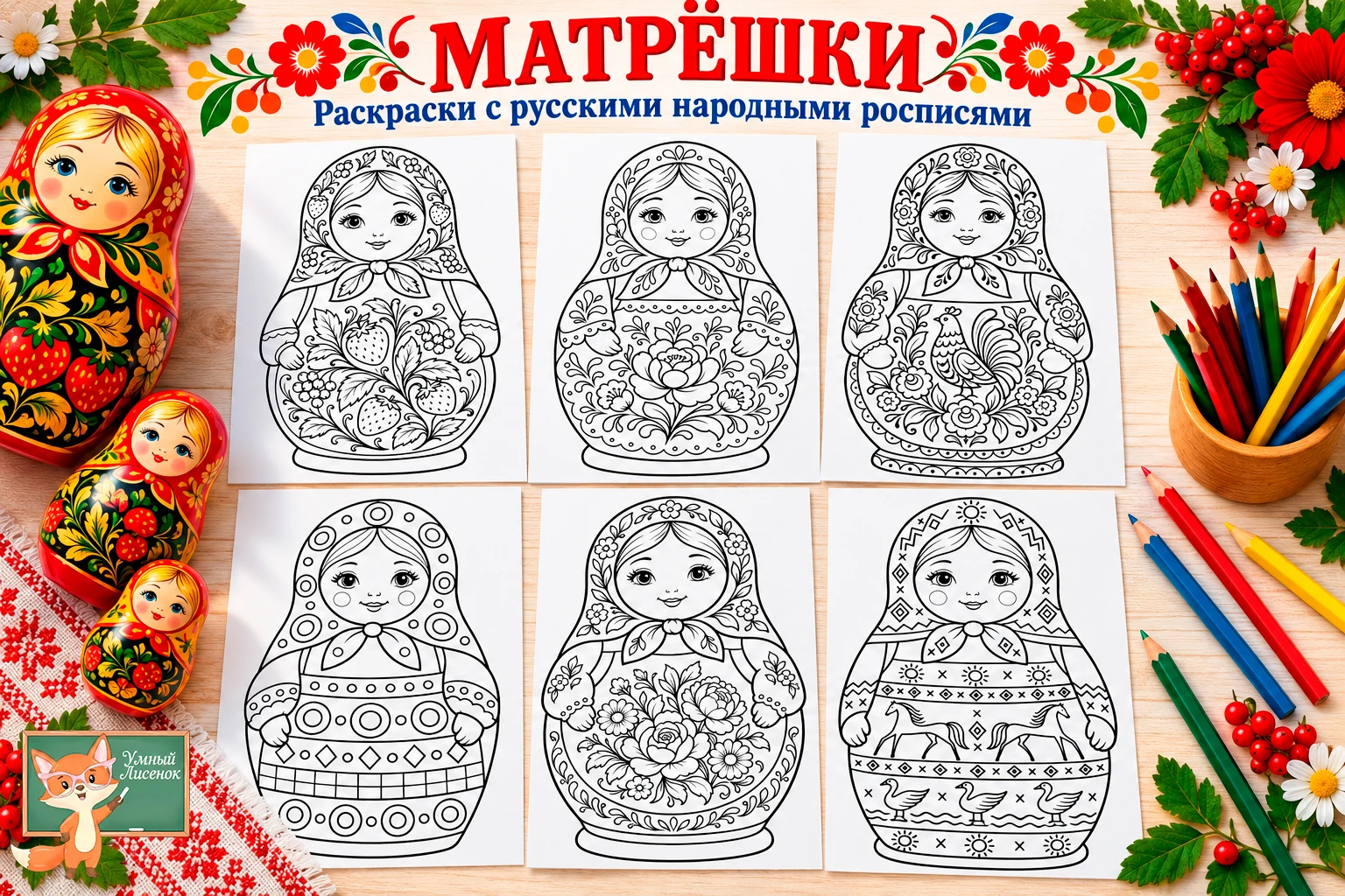 Раскраски "Матрешки" от  https://max.ru/lisenok_umka