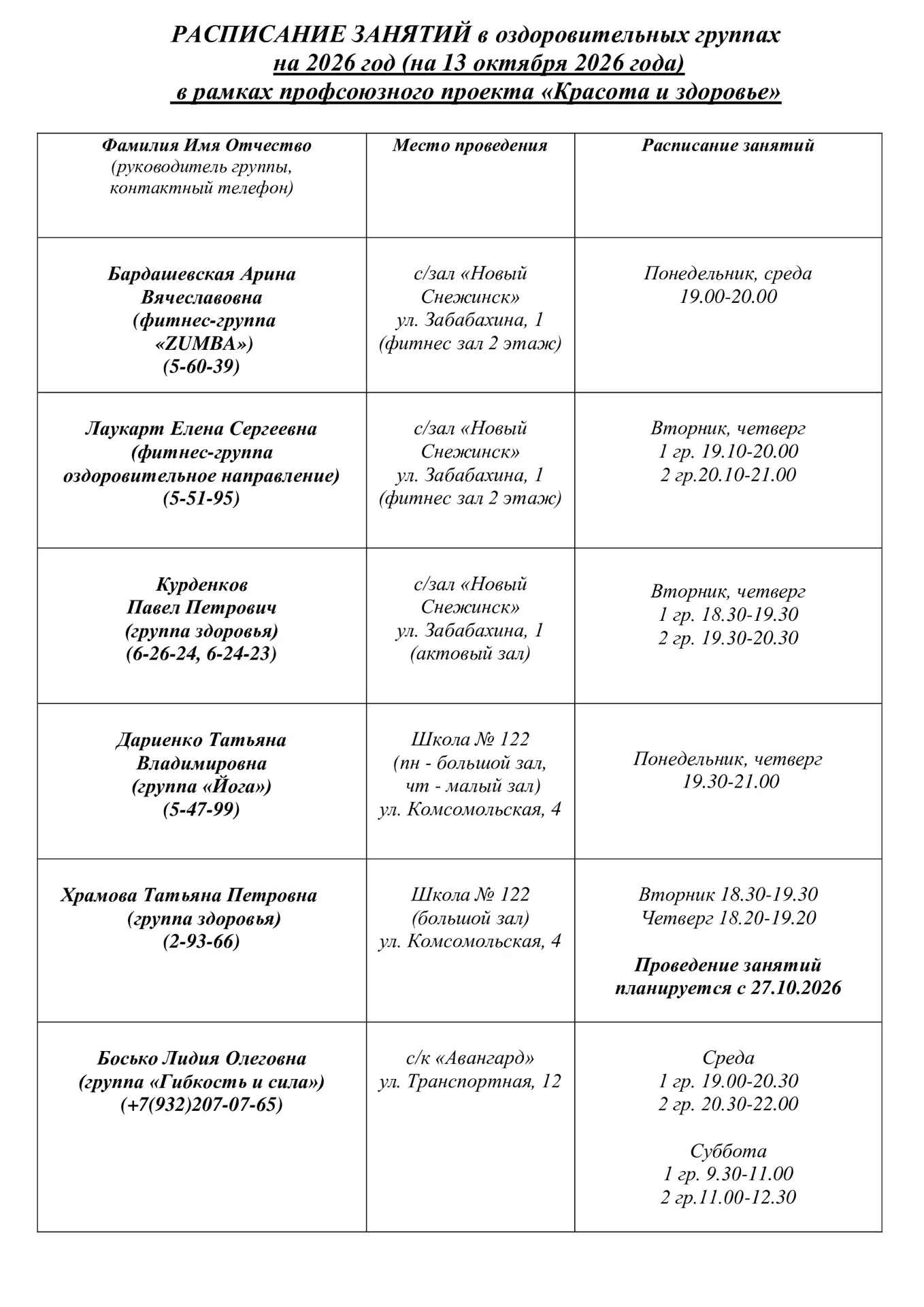 ❗Корректировки в расписании групп профсоюзного проекта «Красота и здоровье».