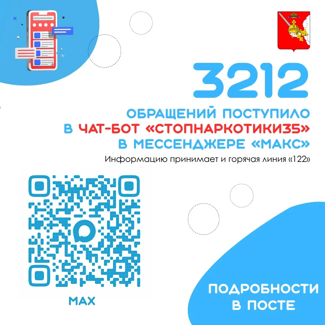📲 3212 обращений от вологжан собрал чат-бот «СТОПНаркотики35» в мессенджере «МАКС».