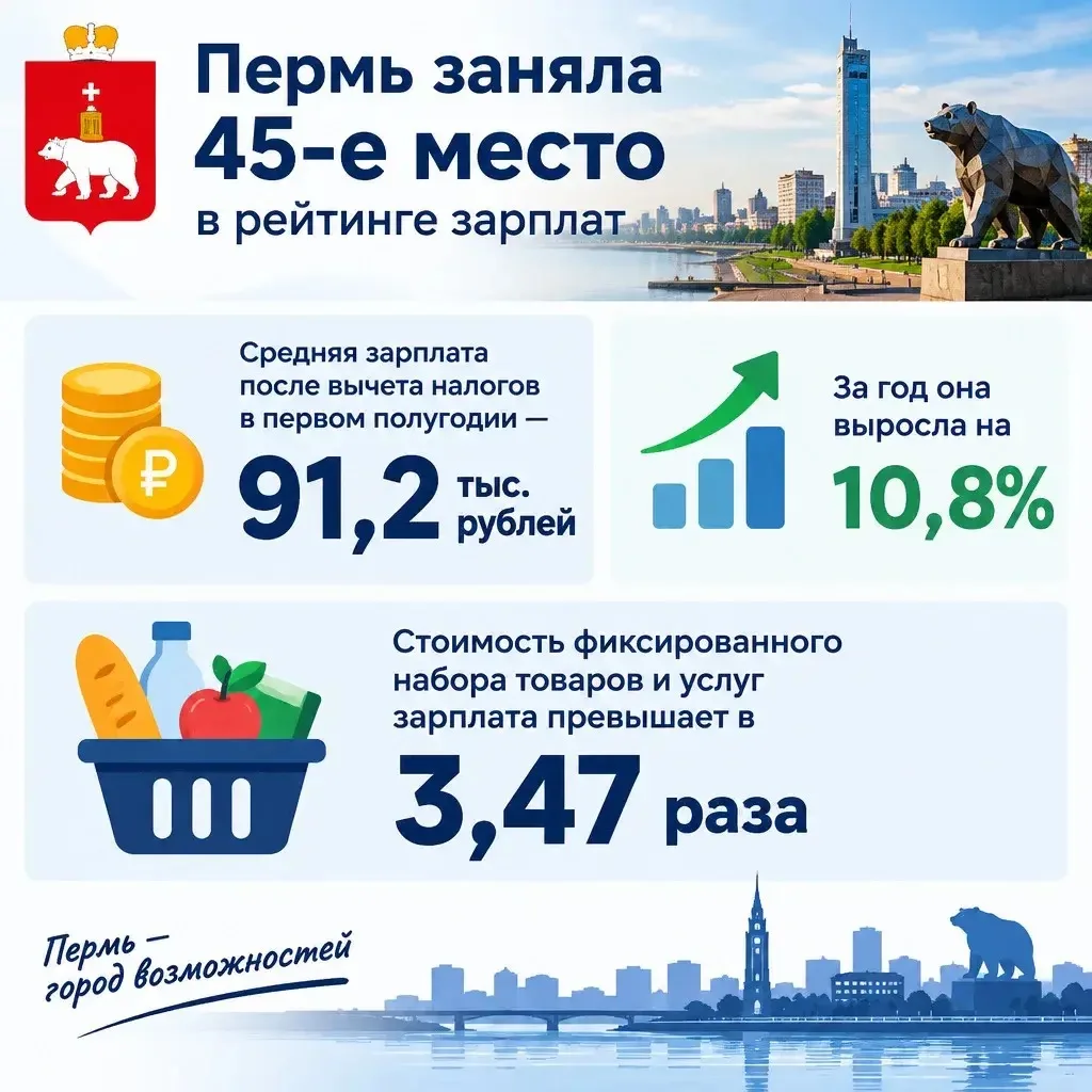 ‼️Пермь заняла 45-е место в рейтинге городов по зарплатам