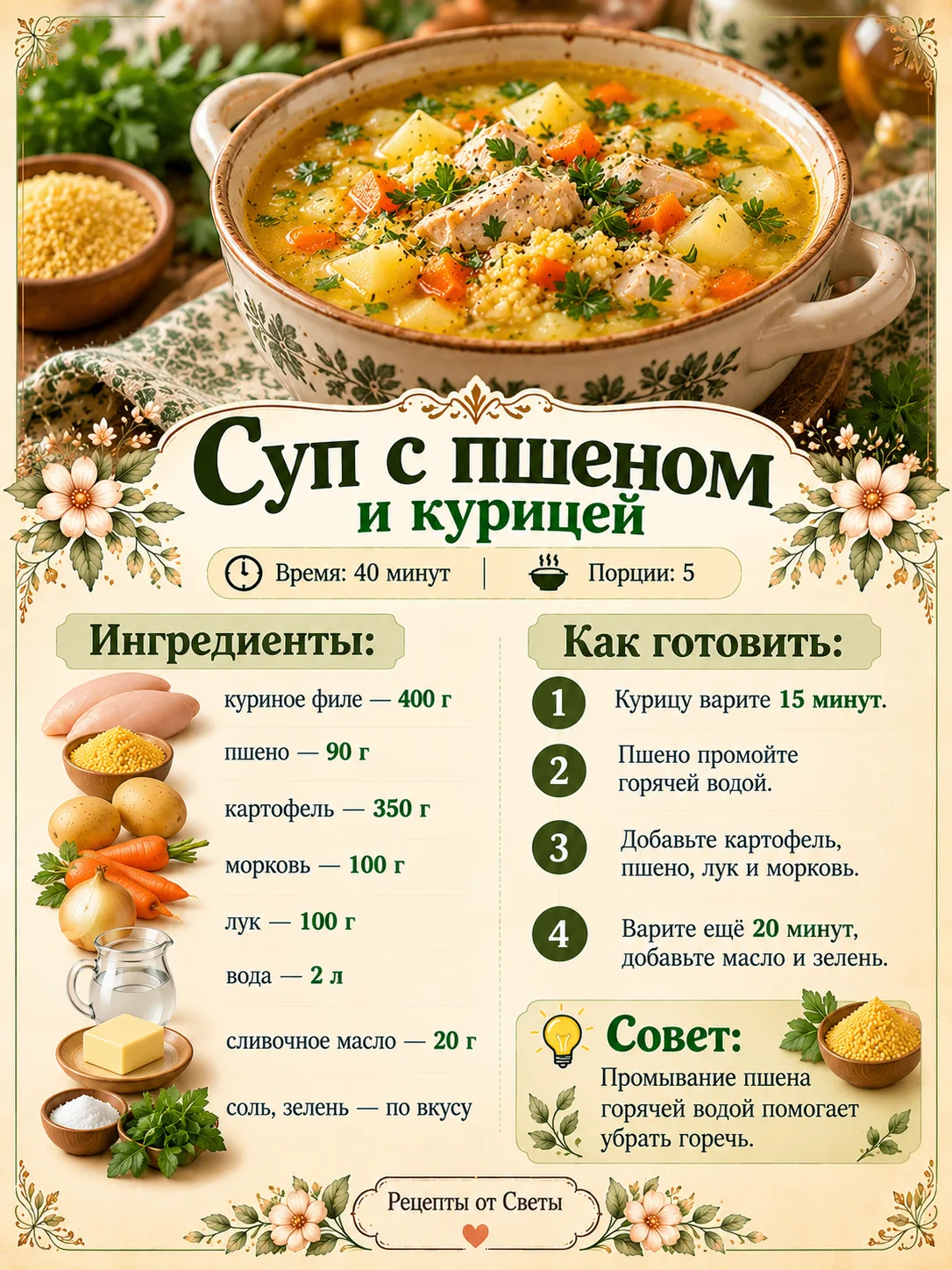 🥣 Суп с пшеном и курицей, густой, золотистый и такой домашний, что сразу вспоминаются ...