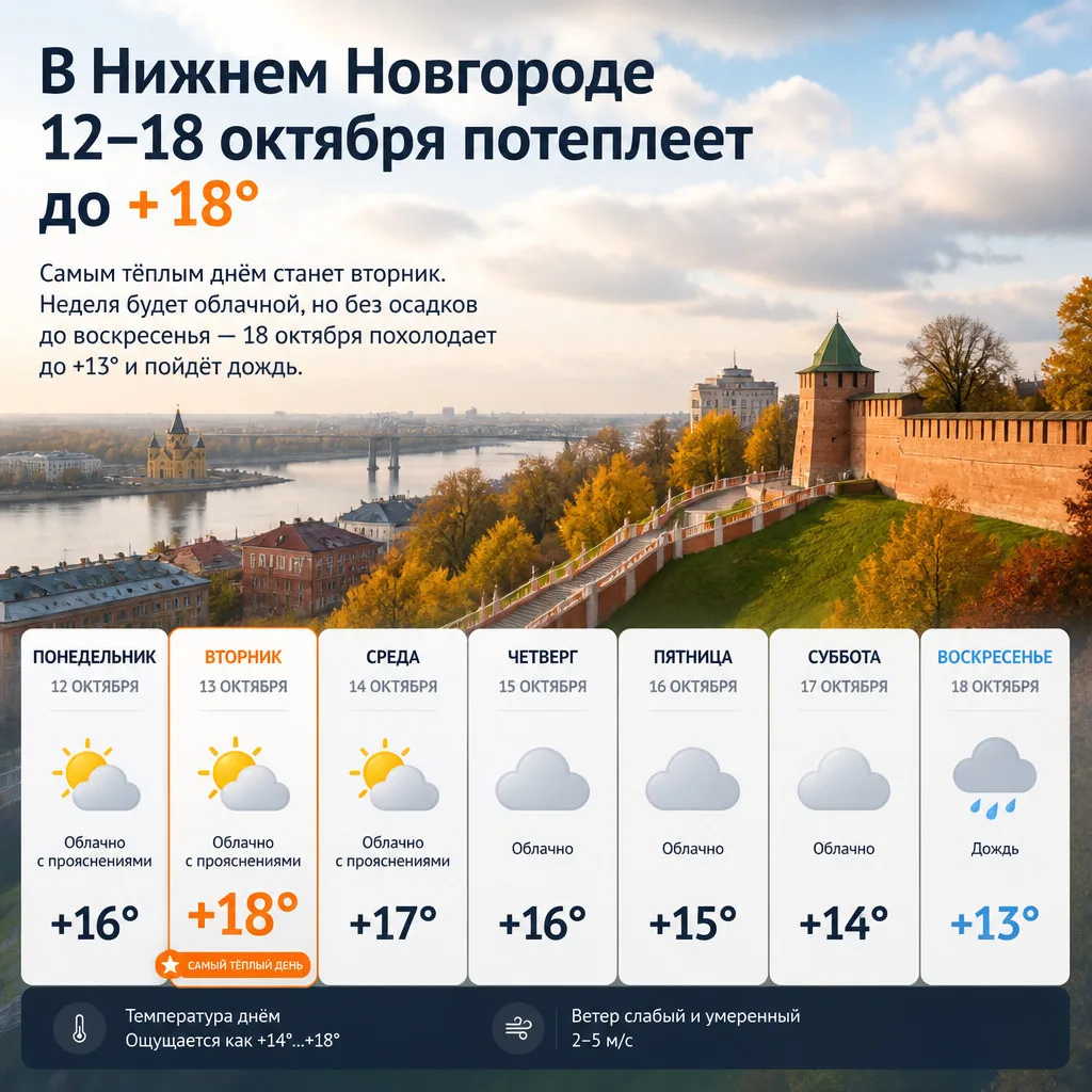 🌡 В Нижнем Новгороде 12–18 октября потеплеет до +18°