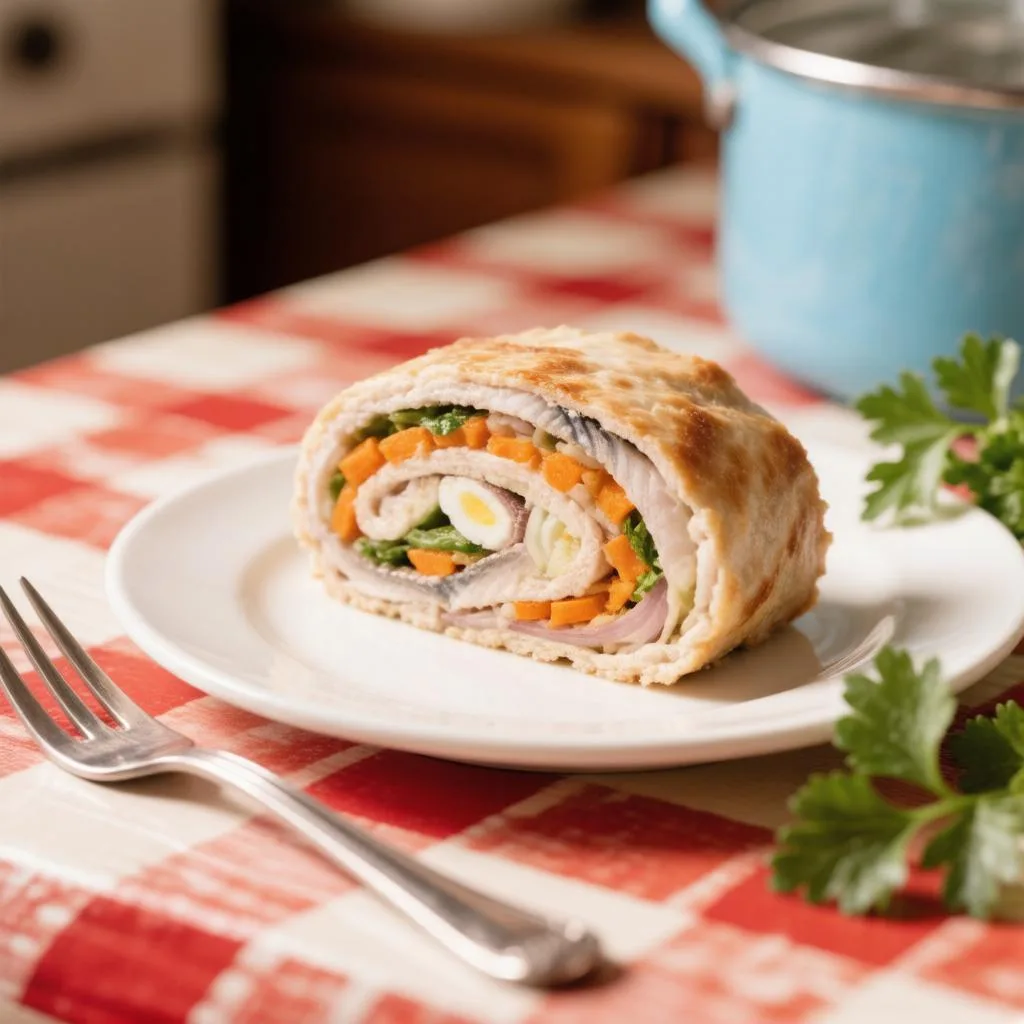 Рулет из скумбрии с овощами и яйцами