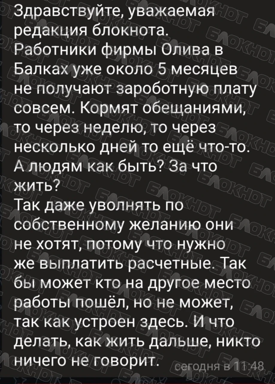 💸 Работники хвалённой «Оливы» в Балках пятый месяц сидят без зарплаты