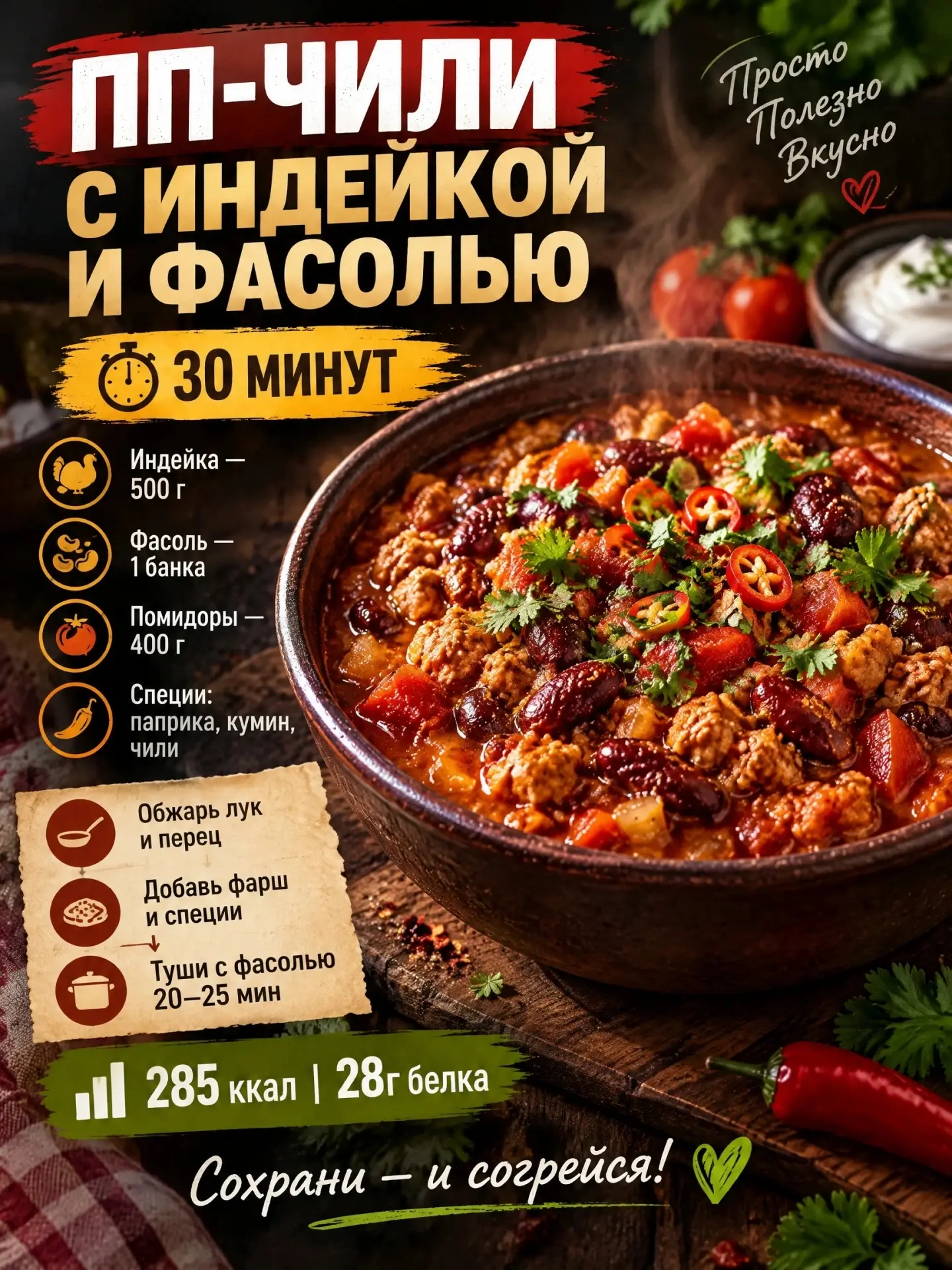 ПП-ЧИЛИ С ИНДЕЙКОЙ И ФАСОЛЬЮ — СЫТНО, СОГРЕВАЮЩЕ, ПОЛЕЗНО 🌶️