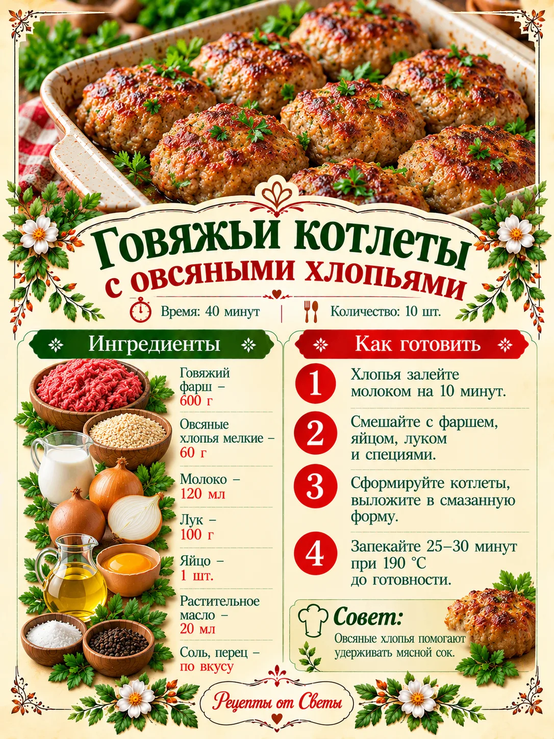 🥩 Румяные говяжьи котлетки с овсяными хлопьями, такие аппетитные, что гарнир рискует о...