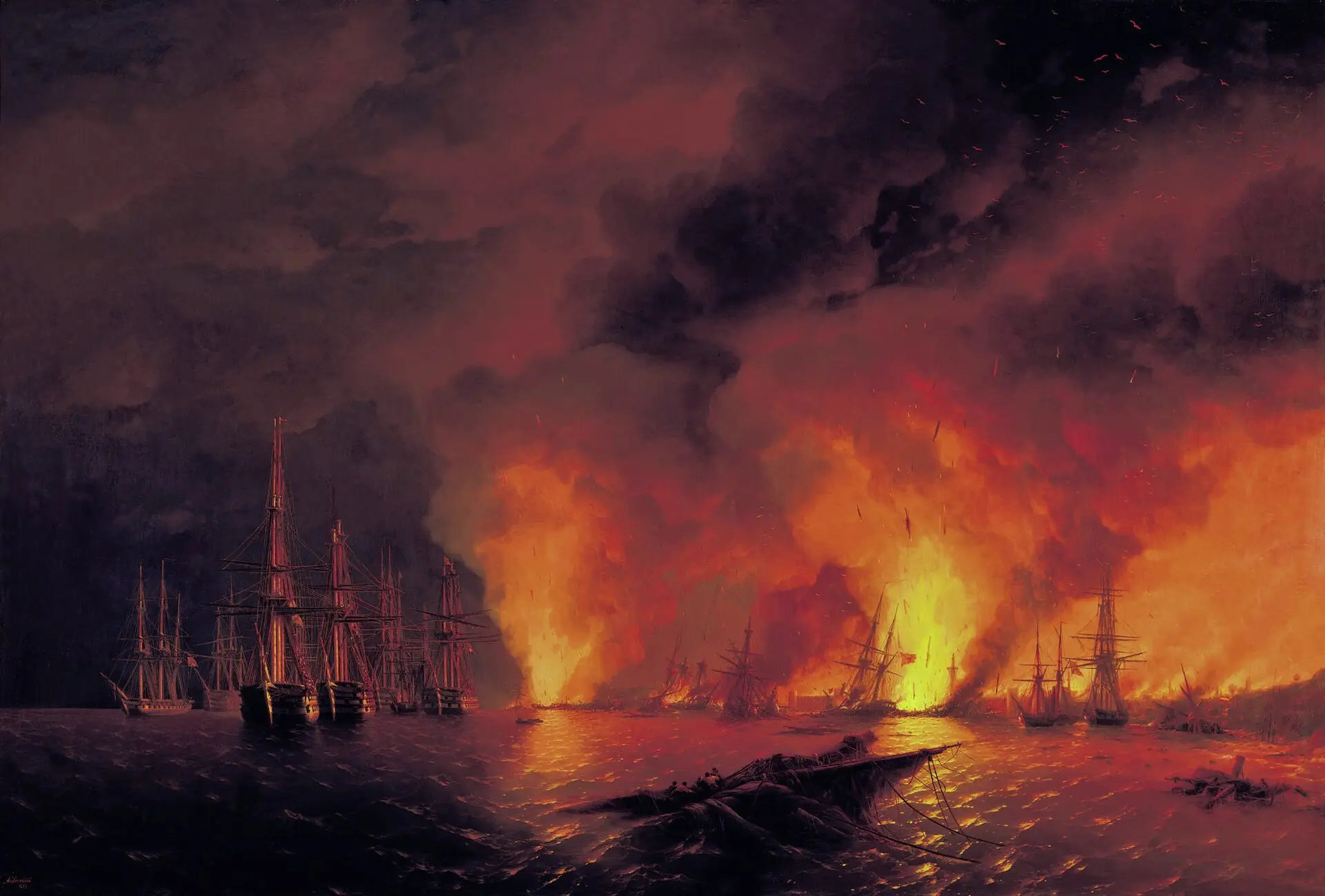 На картине Ивана Айвазовского «Синопский бой 18 ноября 1853 года (Ночь после боя)» изоб...
