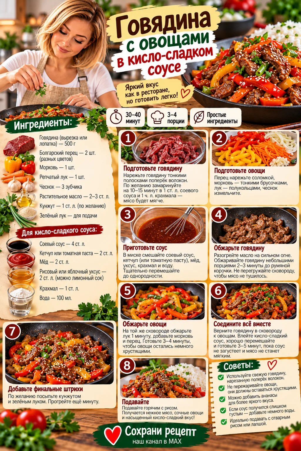 🥩 ГОВЯДИНА С ОВОЩАМИ В КИСЛО-СЛАДКОМ СОУСЕ 🫑🍯