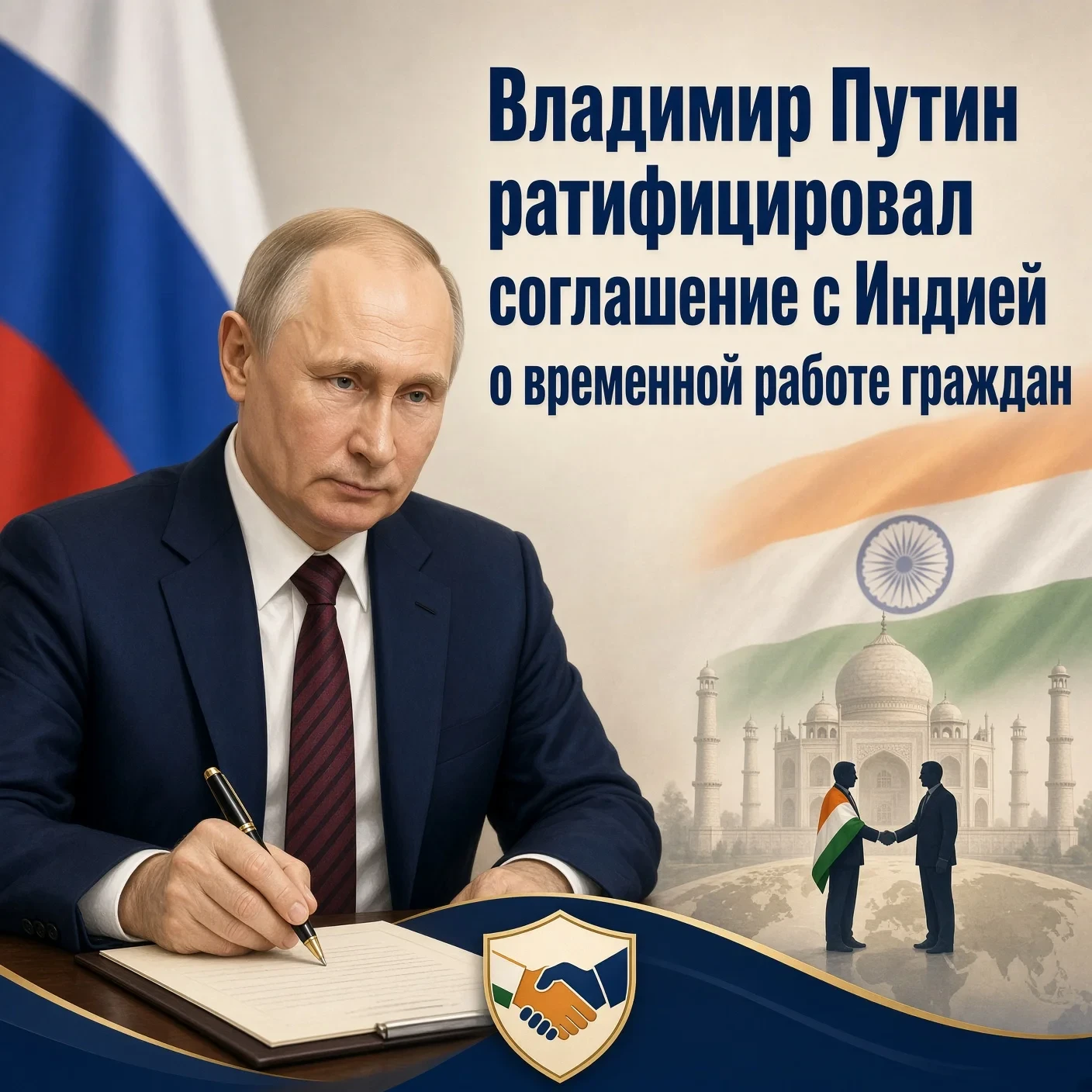 Владимир Путин ратифицировал соглашение с Индией о временной работе граждан одного госу...