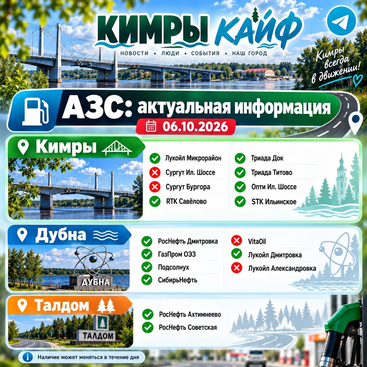 ⛽️ Актуальная ситуация на АЗС в Кимрах, Дубне и Талдоме на 6 октября