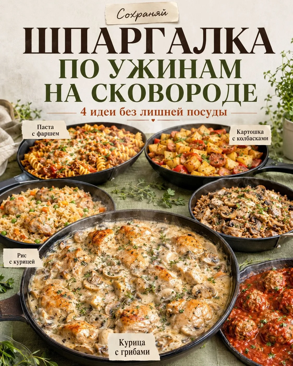 🍳 Шпаргалка по ужинам на сковороде — сохраняйте, когда нужно быстро и вкусно!
