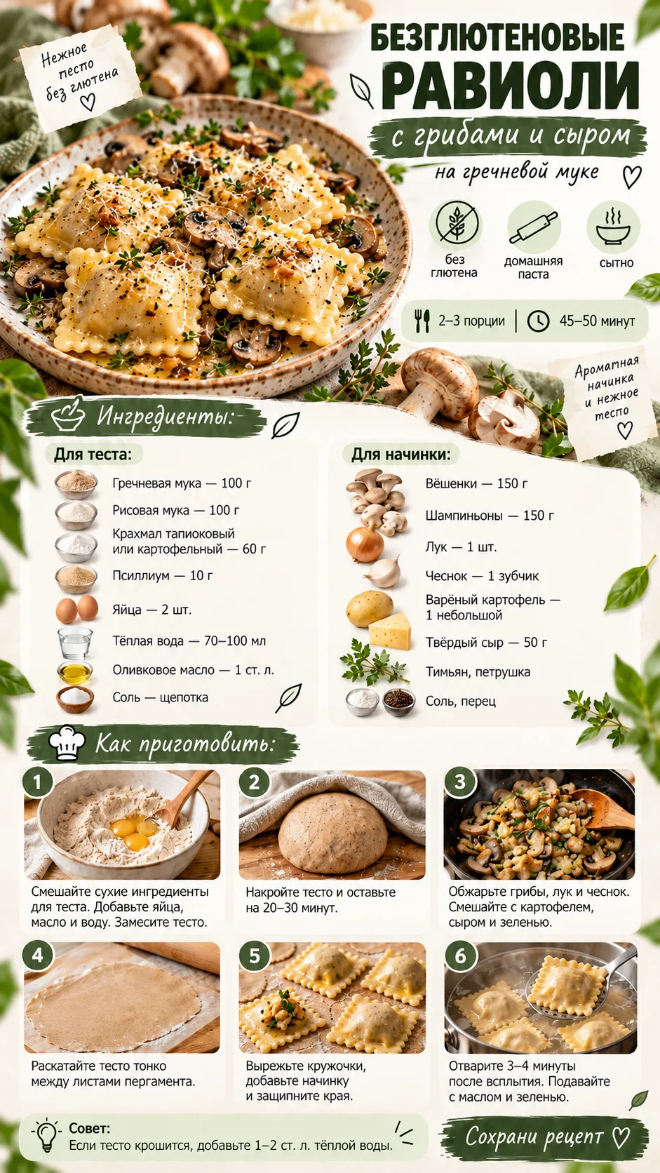 ✨ Домашние равиоли на гречневой муке, с грибами и сыром.